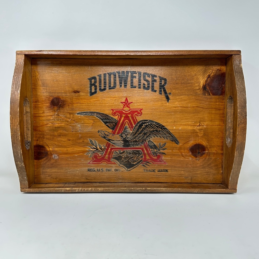 VTG Budweiser Wood Serving Tray Anheuser Busch Logo Man Cave Barware Rustic